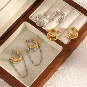 Stainless Steel Geometric C Hoop Earrings With Chain Tassel Two Tone Minimalist Jewelry For Women
