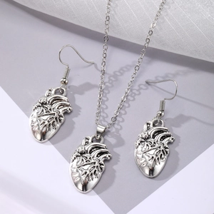 Gothic anatomical heart necklace and earrings set with vintage silver finish
