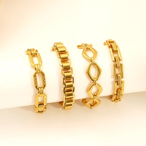 Detail view of four gold-plated stainless steel chain bracelets with diverse textured links