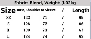 Size chart showing chest, sleeve, and length dimensions for waterproof parka jacket