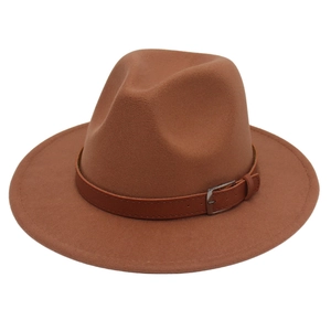 Classic camel wool felt fedora hat featuring a brown leather belt with silver buckle detail
