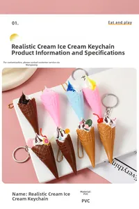 Macro view of realistic miniature cream ice cream cones with colorful toppings and keychains