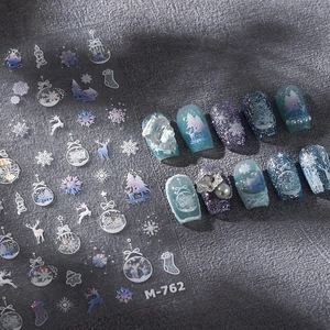 Holographic Christmas snowflake nail stickers M-762 featuring reindeer and forest designs
