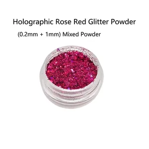 Macro detail of laser rose red glitter mix with hexagonal sequins in a clear jar