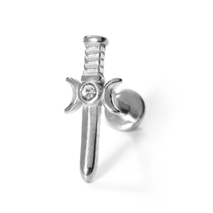 Polished silver stainless steel dagger stud earring with a crescent guard and white zircon