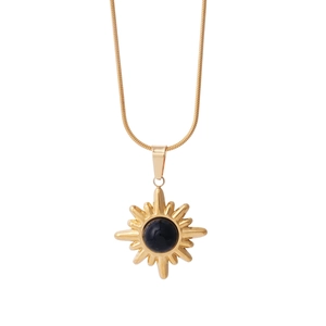 Golden sunburst natural stone pendant necklace with sleek snake chain for women