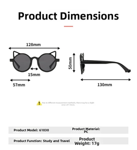 Detailed size chart showing dimensions of cat-ear shaped children's sunglasses