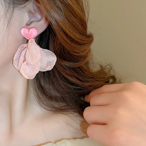 Pink heart studs with delicate organza lace petals elegant feminine earrings for women