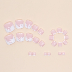 Pink French style press-on toenails with white daisy patterns and glossy finish