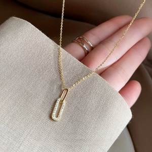 Elegant 14K gold plated S925 silver double rectangle interlocking necklace with pavé stones