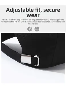 Detail of black cotton baseball cap showing adjustable silver buckle for custom head fit