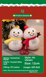 Close-up of cute snowman plushie with soft crystal fabric and festive embroidery details