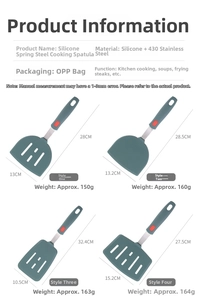 Detailed size chart for dark green silicone cooking spatulas with stainless steel handles