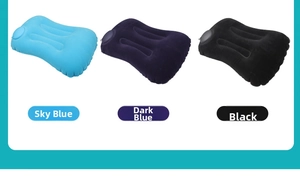 Portable inflatable travel neck pillows in sky blue, navy blue, and black velvet fabric