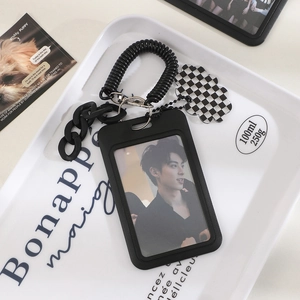 Black minimalist photocard holder with spring lanyard and checkerboard cloud pendant