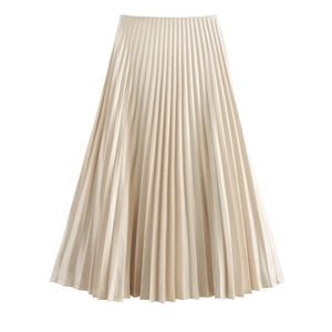 Elegant high waist champagne pleated midi skirt in smooth chiffon fabric on white background