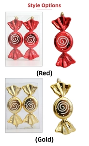 Detail of red and gold electroplated plastic candy ornaments with glitter spiral texture