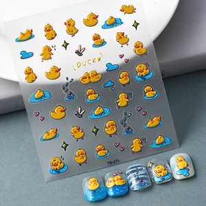 Süße Gelbe Ente 3D Relief Nagelaufkleber Cartoon Wasserwellen Selbstklebende Decals Für Frauen DIY Maniküre