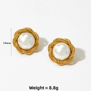 Detail of vintage 18mm pearl earrings showing size and 8.8g weight on white background