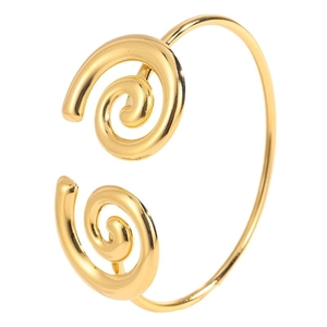 Golden double spiral open bangle in stainless steel shown from a high-quality side angle