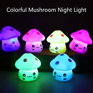 Set of six colorful mushroom night lights with cute faces and glowing LED features