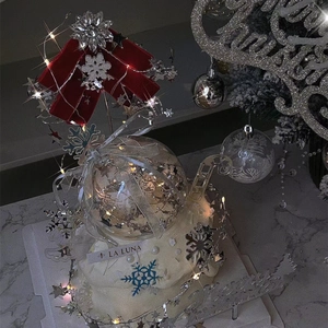 Christmas cake topper set with transparent ball velvet bow lights for holiday party dessert decor