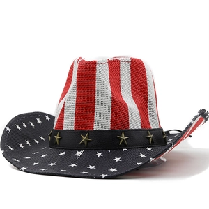 Vintage western straw cowboy hat with American flag stars and stripes design