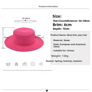 Rose red paper straw fedora hat for summer beach trips with flat top and 6cm brim style