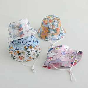 Kids cotton sun hats with unicorn and excavator prints featuring adjustable windproof ropes