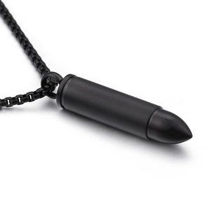 Polished black bullet pendant necklace in stainless steel with sleek metal chain link
