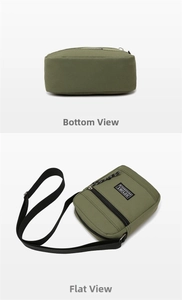 Detail view of military green nylon crossbody bag showing zippers and sport logo