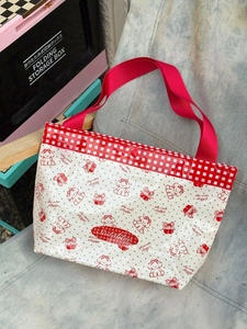 Waterproof cherry dog print PVC tote bag with red handle and checkered trim design