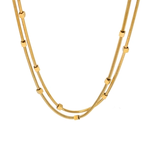 Double-layered 18K gold plated stainless steel snake chain necklace with cube bead accents
