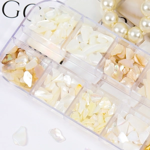 Macro view of iridescent shell flakes for nail art in a multi-grid storage case