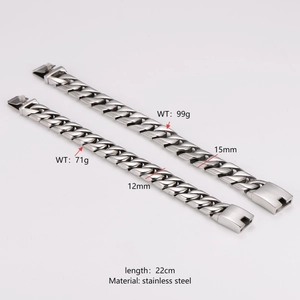 Polished stainless steel Cuban chain bracelet for men available in 12mm and 15mm widths