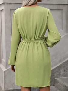Back view of a grass green long sleeve dress with elastic waist and ruched texture