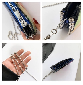 Detailed views of mini chain bag featuring metallic leather patchwork and card compartments