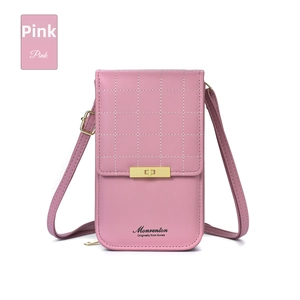 Detail of pink quilted phone crossbody bag with golden twist lock and brand logo