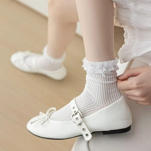 White Mary Jane shoes with lace bow socks and silver buckle strap on model