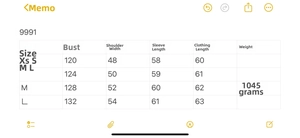 Detailed size chart for faux leather jacket showing chest, shoulder, and sleeve measurements