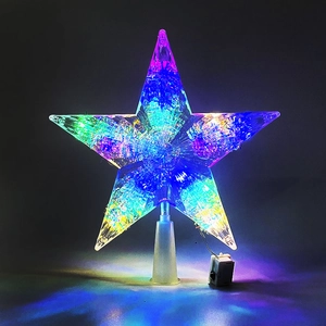 Glow of colorful LED lights inside a transparent plastic Christmas tree star topper