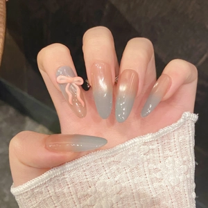 Pink and blue gradient cat-eye long almond press-on nails with 3D resin butterfly bow