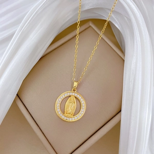 Luxury gold titanium steel necklace with a crystal-encrusted Virgin Mary medal pendant