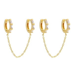 Golden double-hole hoop earrings with rectangular cubic zirconia stones and link chain