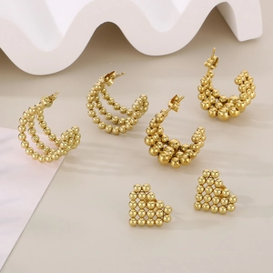 Minimalist gold beaded stainless steel earrings set including C-shape and heart studs