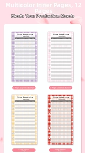 Detailed view of 12 multi-color 6-hole A6 budget planning sheets with French headers