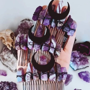 Natural Crystal Hair Comb Crescent Moon Mystical Raw Stone Hand Wrapped Witchy Bohemian Wedding Bridal Accessory Headpiece
