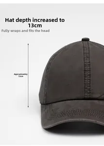 Detail view of washed baseball cap with 13cm crown depth and twill cotton texture