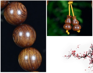 Gros plan détaillé du grain naturel des perles en bois de rose avec pendentifs gourde