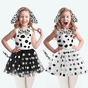 Close-up of Dalmatians costume for girls featuring polka dot dress and ear headband set